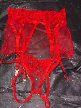 NWOT RARE FIND SHEER SLIP OVER Sheer Red Lace Garter Set - Women's Intimates
